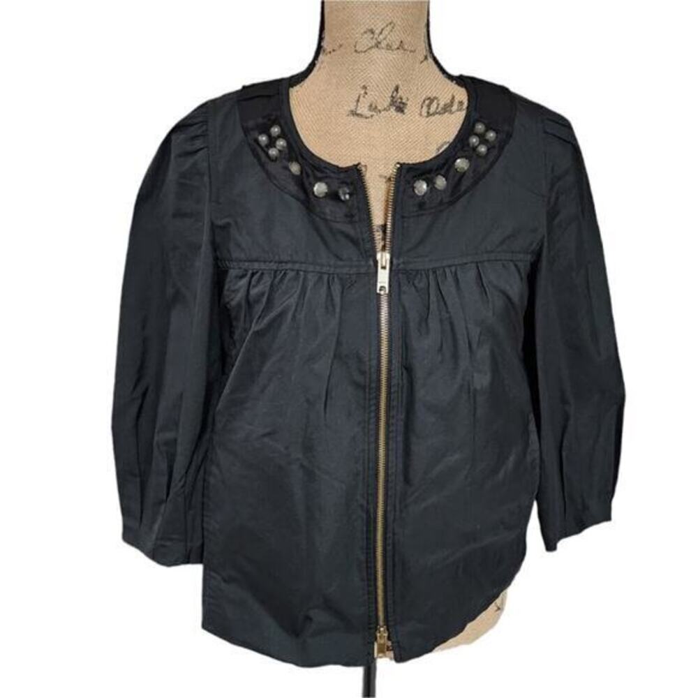 DKNY Black Jeweled Neckline Zipper Cropped Jacket Blazer Size 4 Small